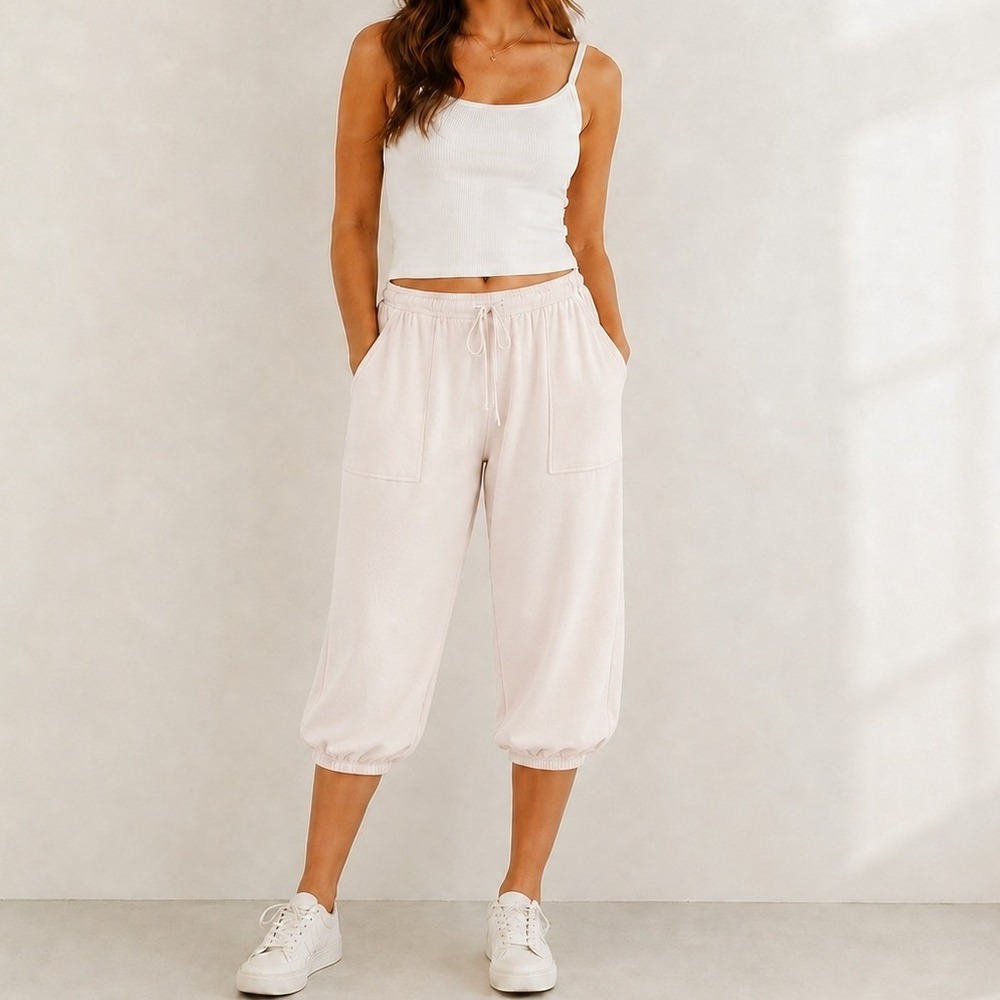 Allen Allen Pants Women M Pink Cotton Crop Sweatpants Lounge Embellished Casual